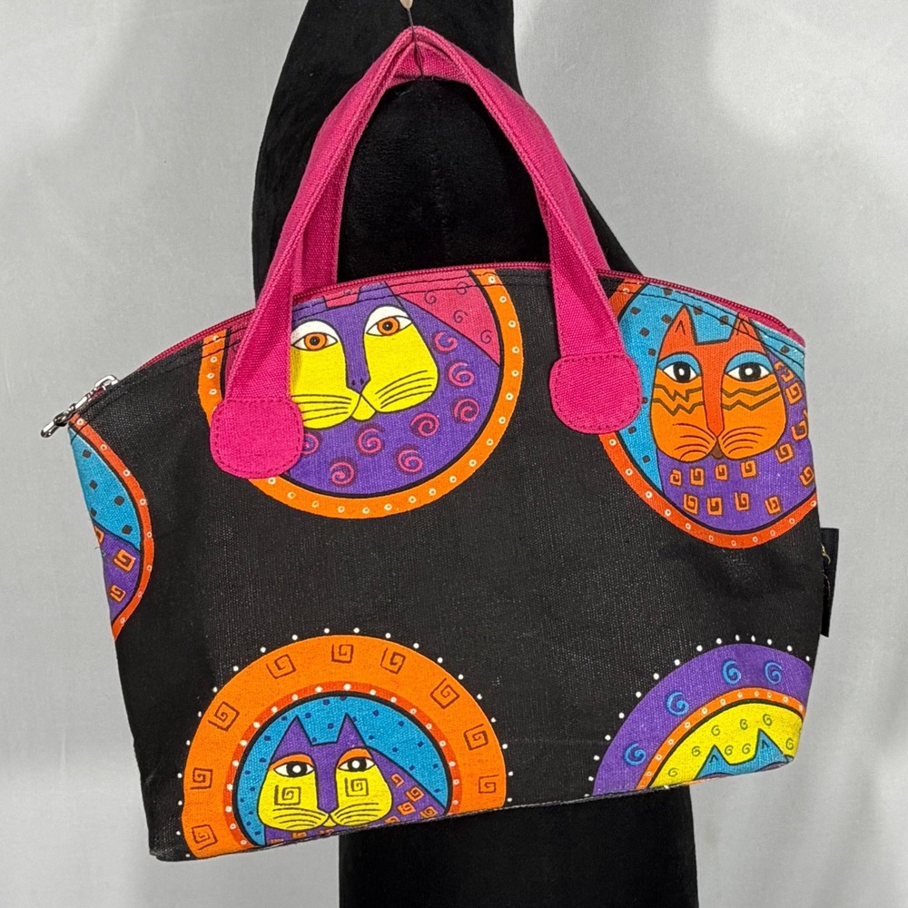Laurel Burch Sun N Sand Canvas Cat Tote Bag Whimsical Folk Art Bag Vtg 90s Y2K